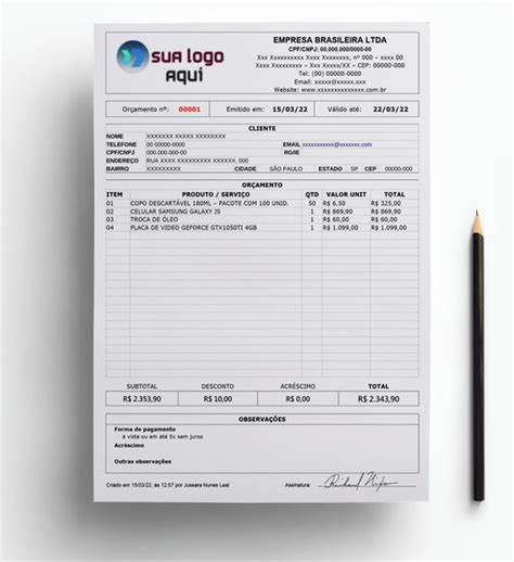 Orçamento para envio .